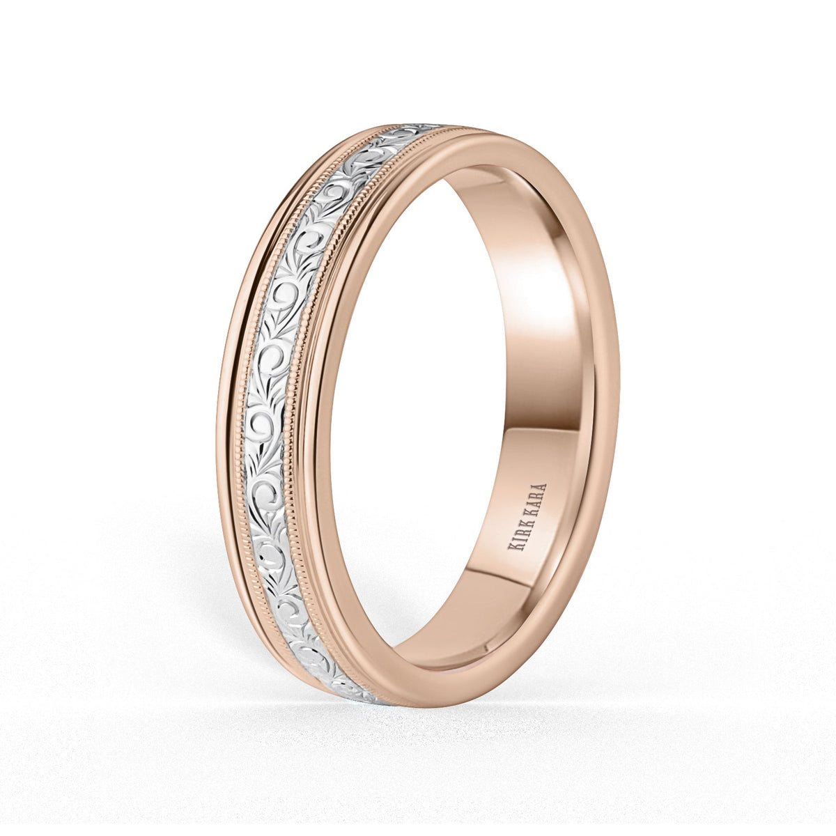 Thin Two Tone Scroll Engraved Milgrain Wedding Band, 5mm