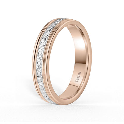 Thin Two Tone Scroll Engraved Milgrain Wedding Band, 5mm