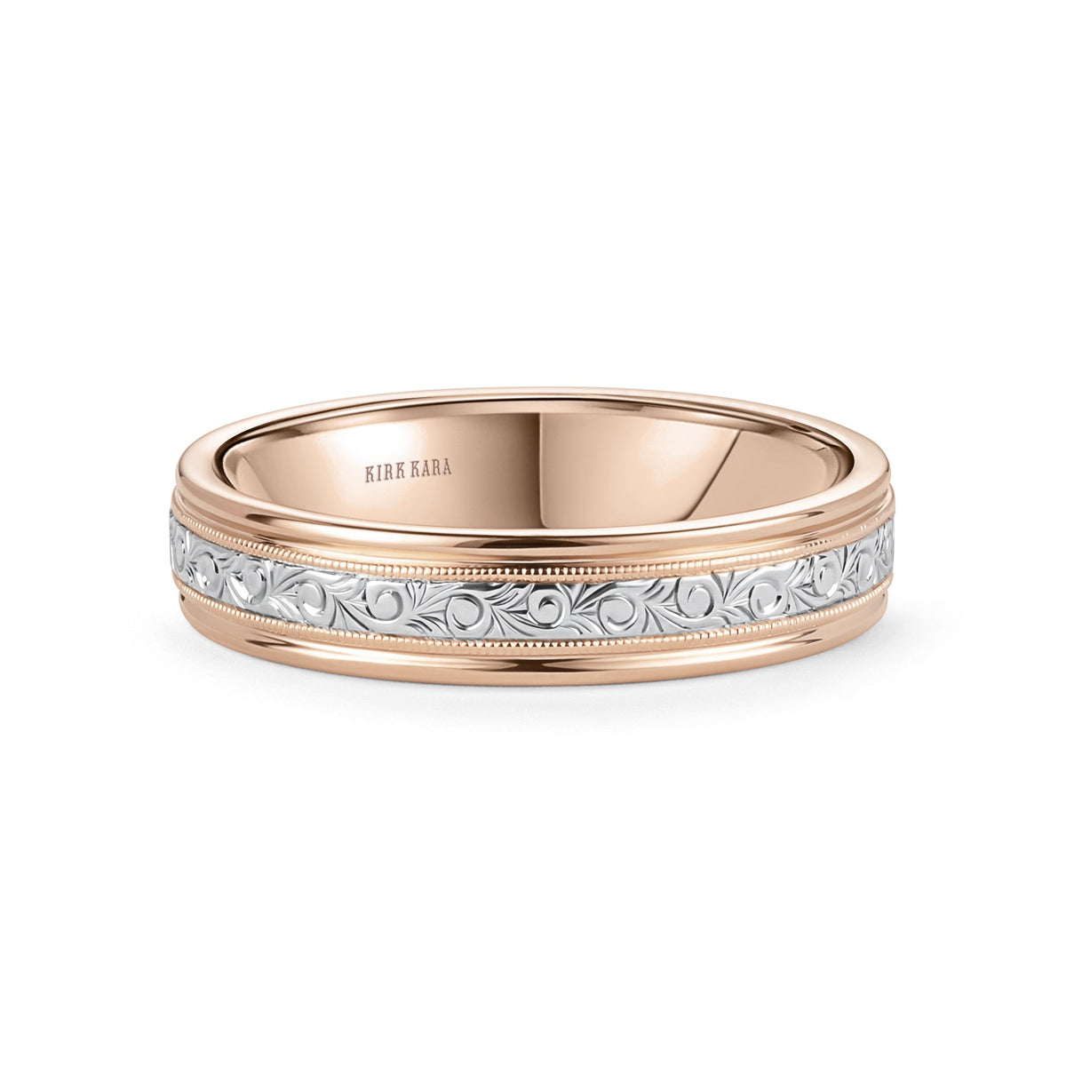 Thin Two Tone Scroll Engraved Milgrain Wedding Band, 5mm