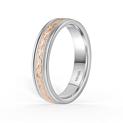 Thin Two Tone Scroll Engraved Milgrain Wedding Band, 5mm