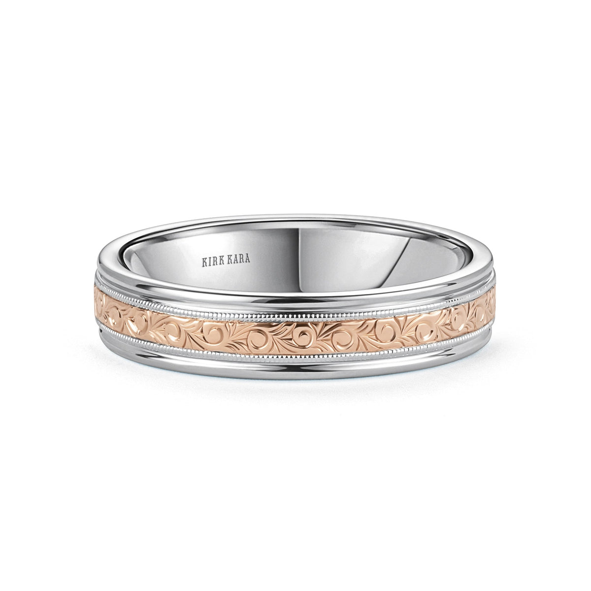 Thin Two Tone Scroll Engraved Milgrain Wedding Band, 5mm