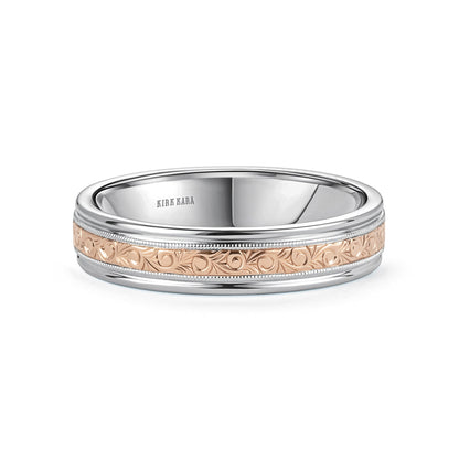Thin Two Tone Scroll Engraved Milgrain Wedding Band, 5mm