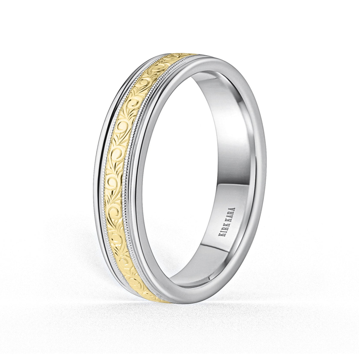 Thin Two Tone Scroll Engraved Milgrain Wedding Band, 5mm