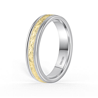 Thin Two Tone Scroll Engraved Milgrain Wedding Band, 5mm
