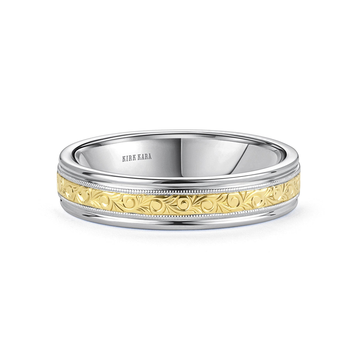 Thin Two Tone Scroll Engraved Milgrain Wedding Band, 5mm