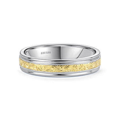 Thin Two Tone Scroll Engraved Milgrain Wedding Band, 5mm