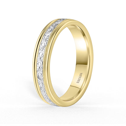 Thin Two Tone Scroll Engraved Milgrain Wedding Band, 5mm