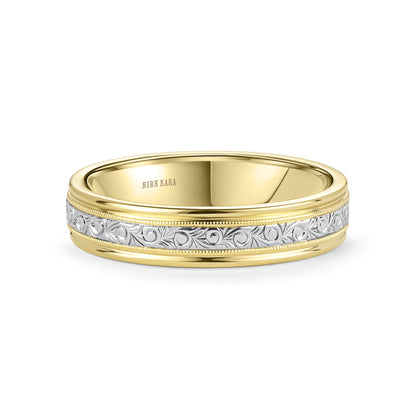 Thin Two Tone Scroll Engraved Milgrain Wedding Band, 5mm