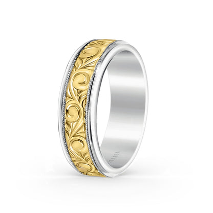 Two Tone Scroll Engraved Milgrain Wedding Band, 7mm