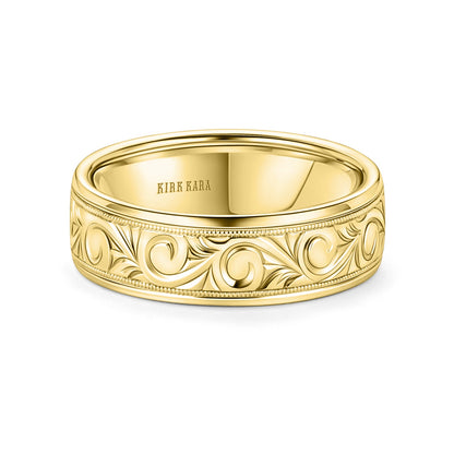 Scroll Engraved Milgrain Wedding Band, 7mm