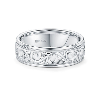 Scroll Engraved Milgrain Wedding Band, 7mm