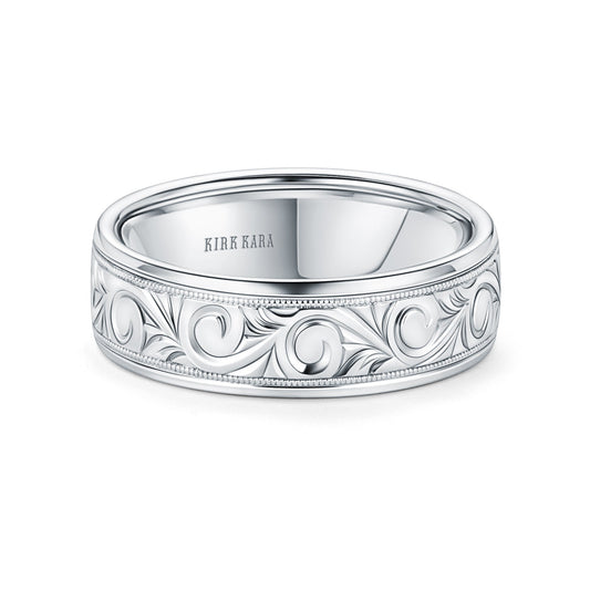 Scroll Engraved Milgrain Wedding Band, 7mm