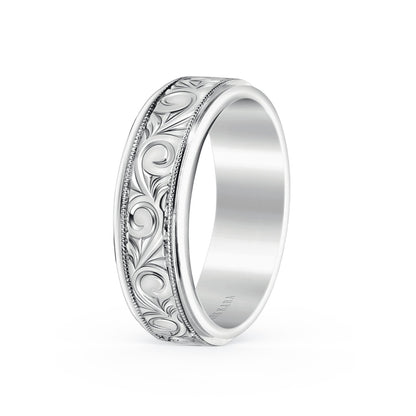 Scroll Engraved Milgrain Wedding Band, 7mm