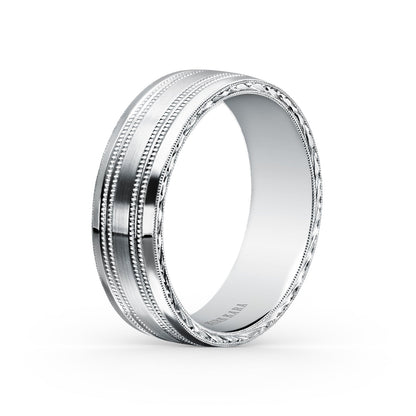 Double Milgrain Engraved Side Satin Wedding Band, 7mm
