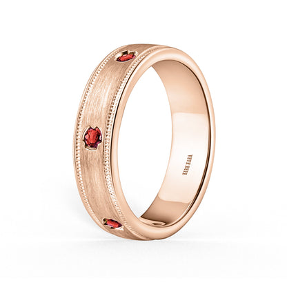 Thin Ruby Accent Satin Wedding Band, 5mm