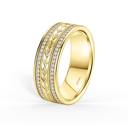 Diamond Floral Engraved Wedding Band, 7.5mm