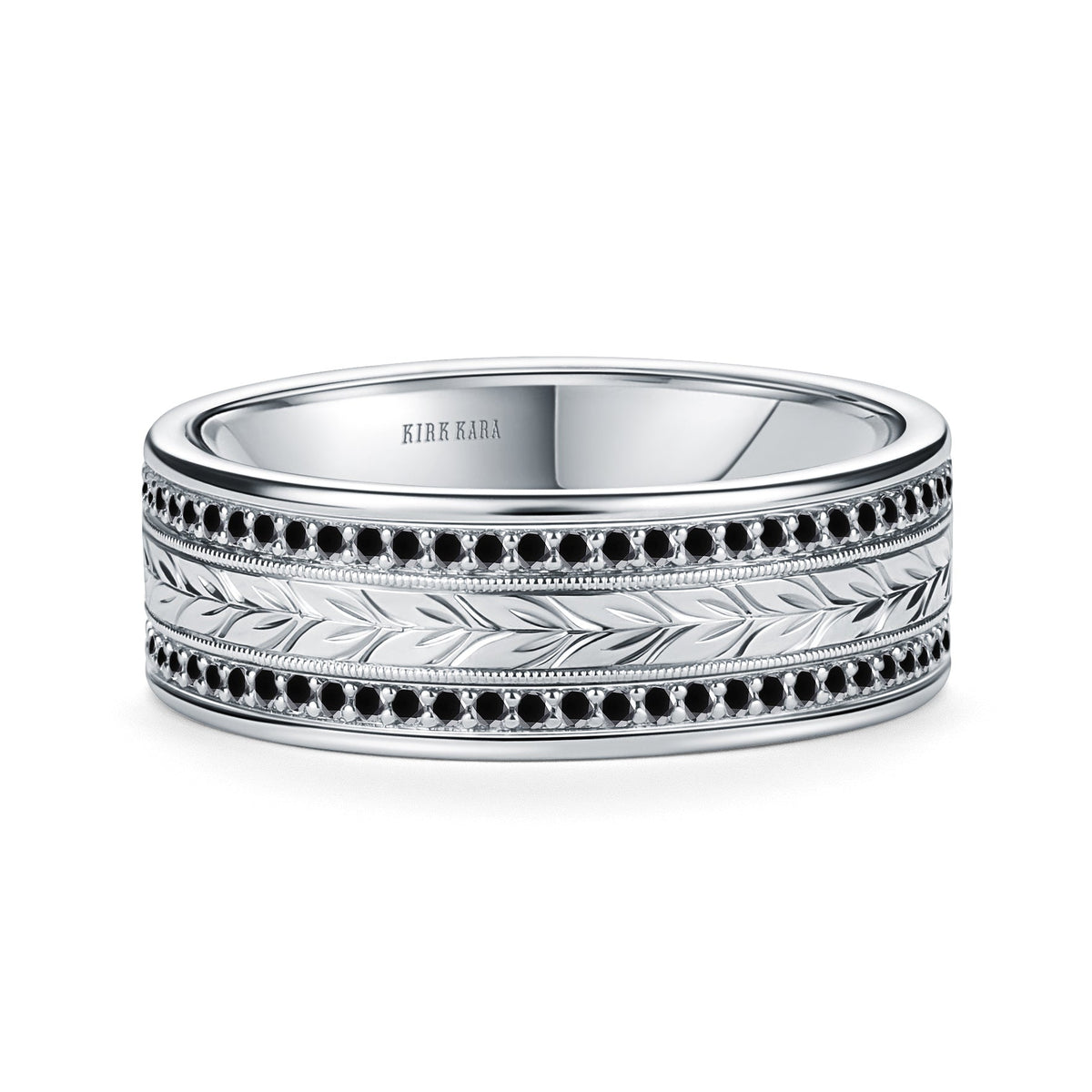 Black Diamond Floral Engraved Wedding Band, 7.5mm