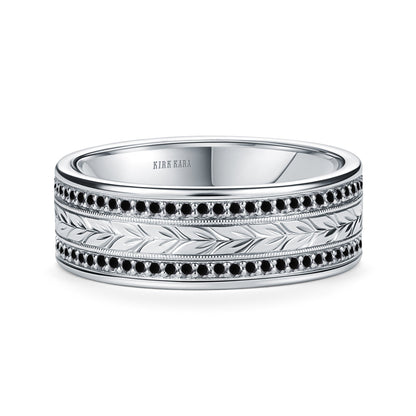 Black Diamond Floral Engraved Wedding Band, 7.5mm