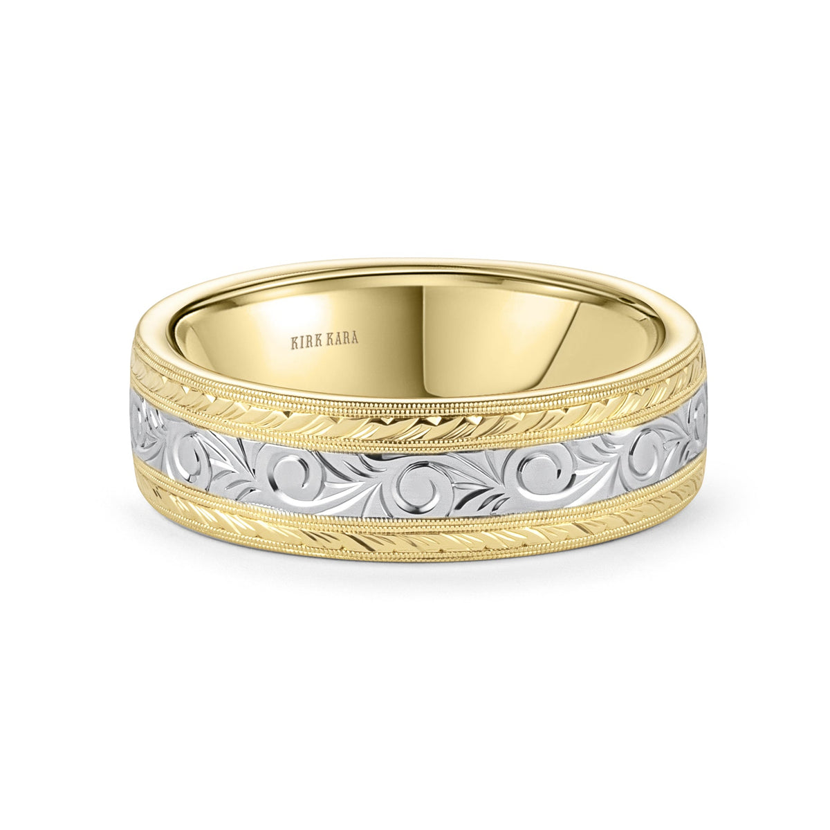 Scroll Wheat Two Tone Engraved Wedding Band, 7mm