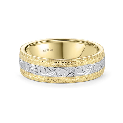 Scroll Wheat Two Tone Engraved Wedding Band, 7mm
