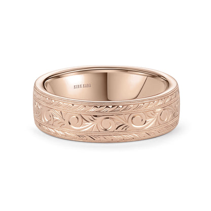 Scroll Wheat Engraved Milgrain Wedding Band, 7mm