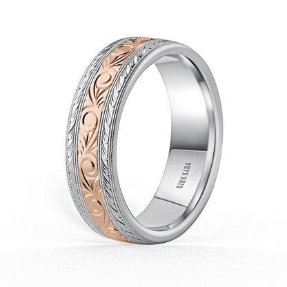 Scroll Wheat Two Tone Engraved Wedding Band, 7mm