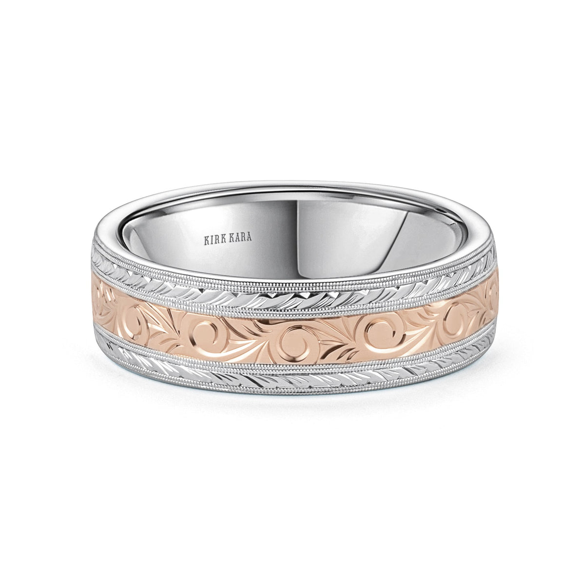 Scroll Wheat Two Tone Engraved Wedding Band, 7mm