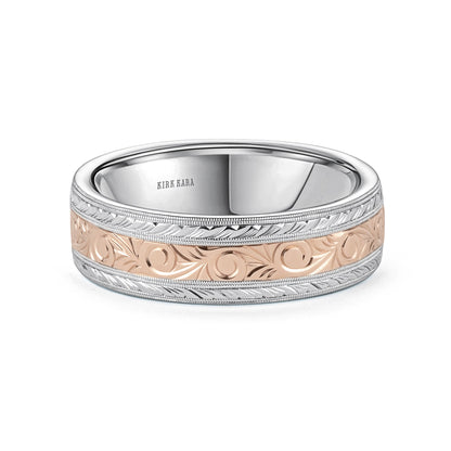 Scroll Wheat Two Tone Engraved Wedding Band, 7mm