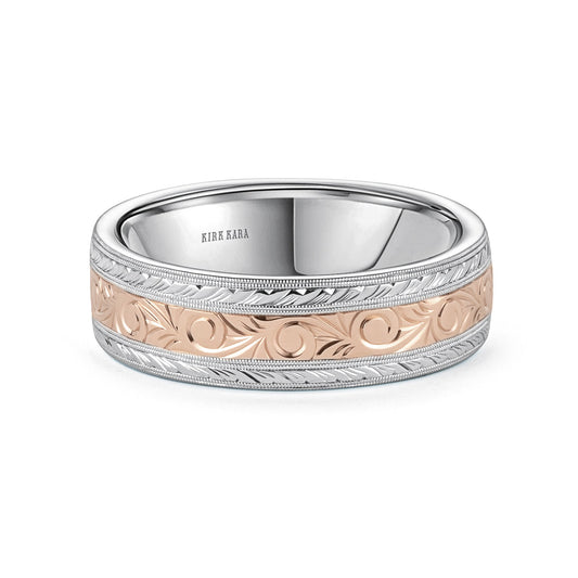 Scroll Wheat Two Tone Engraved Wedding Band, 7mm