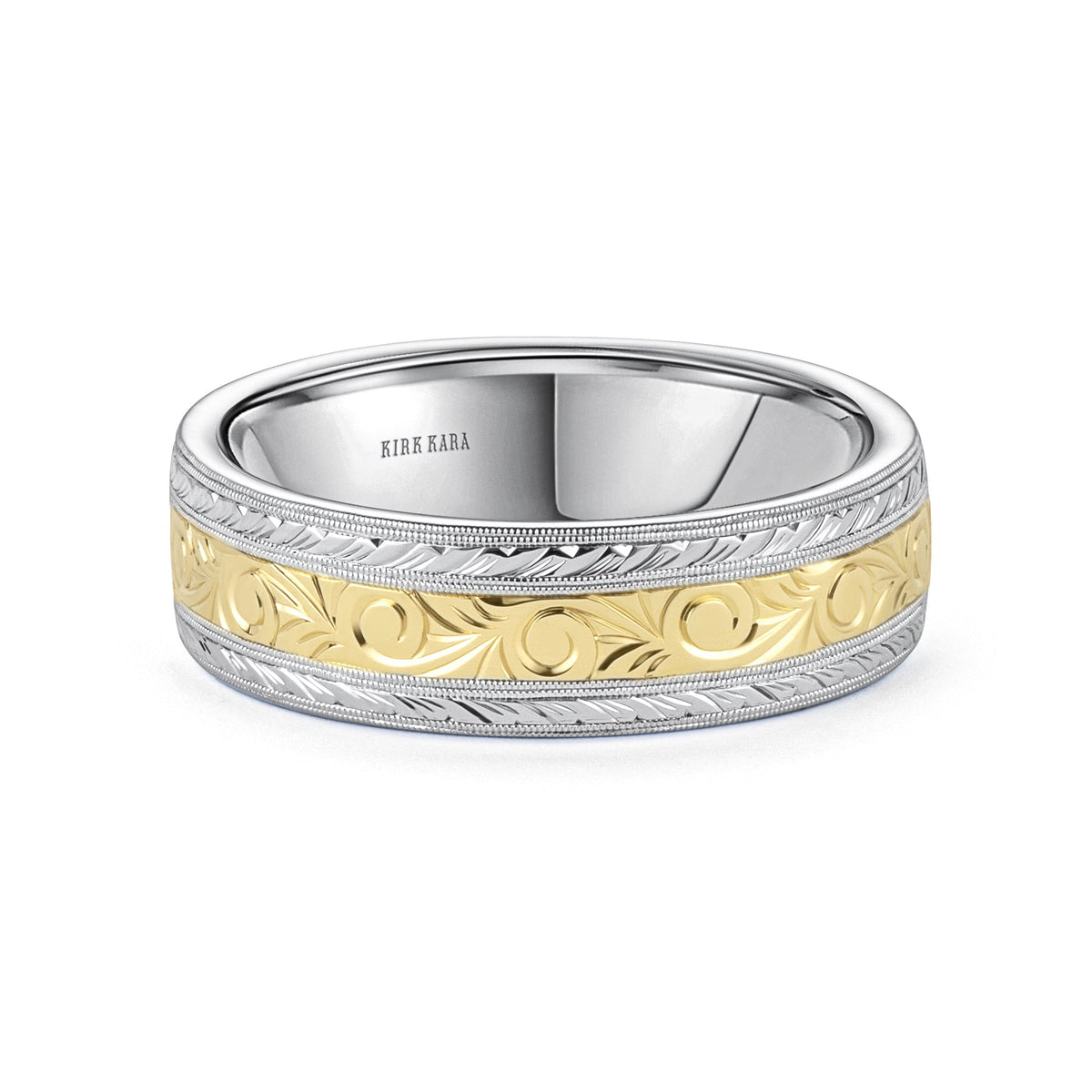 Scroll Wheat Two Tone Engraved Wedding Band, 7mm