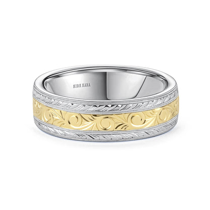 Scroll Wheat Two Tone Engraved Wedding Band, 7mm