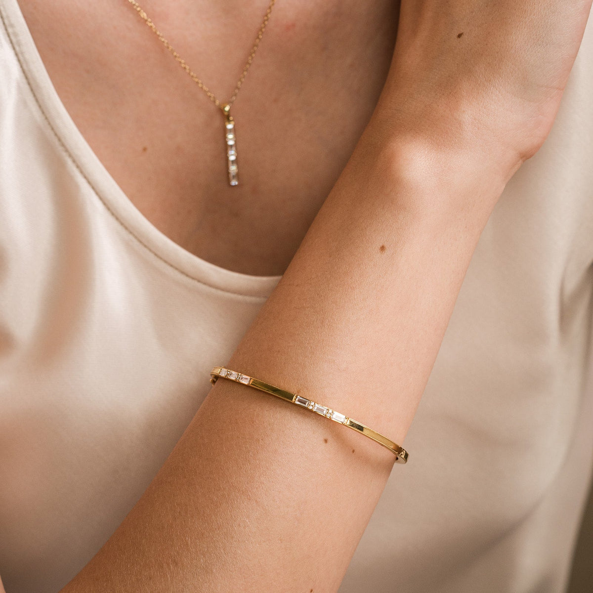 Blue Sapphire Baguette Diamond Milgrain Bangle Bracelet