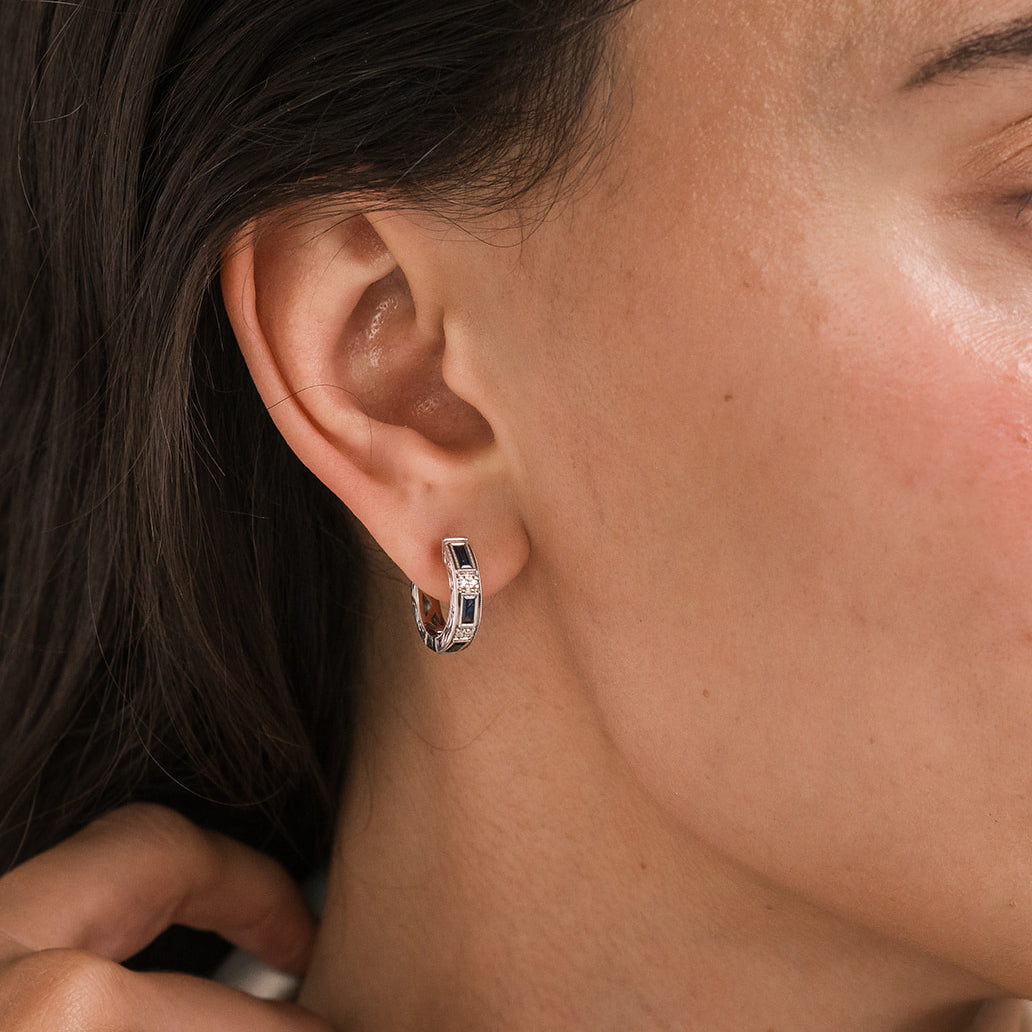 Blue Sapphire Baguette Engraved Diamond Hoop Earrings