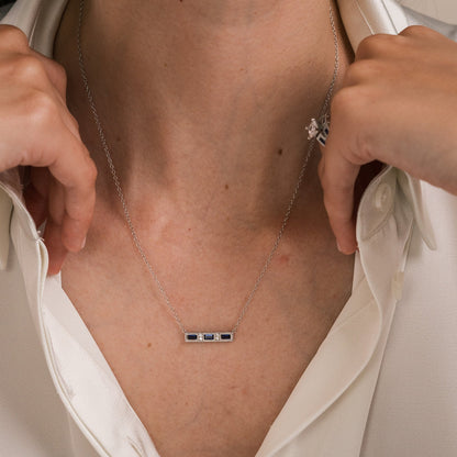 Blue Sapphire Baguette Engraved Diamond Bar Necklace