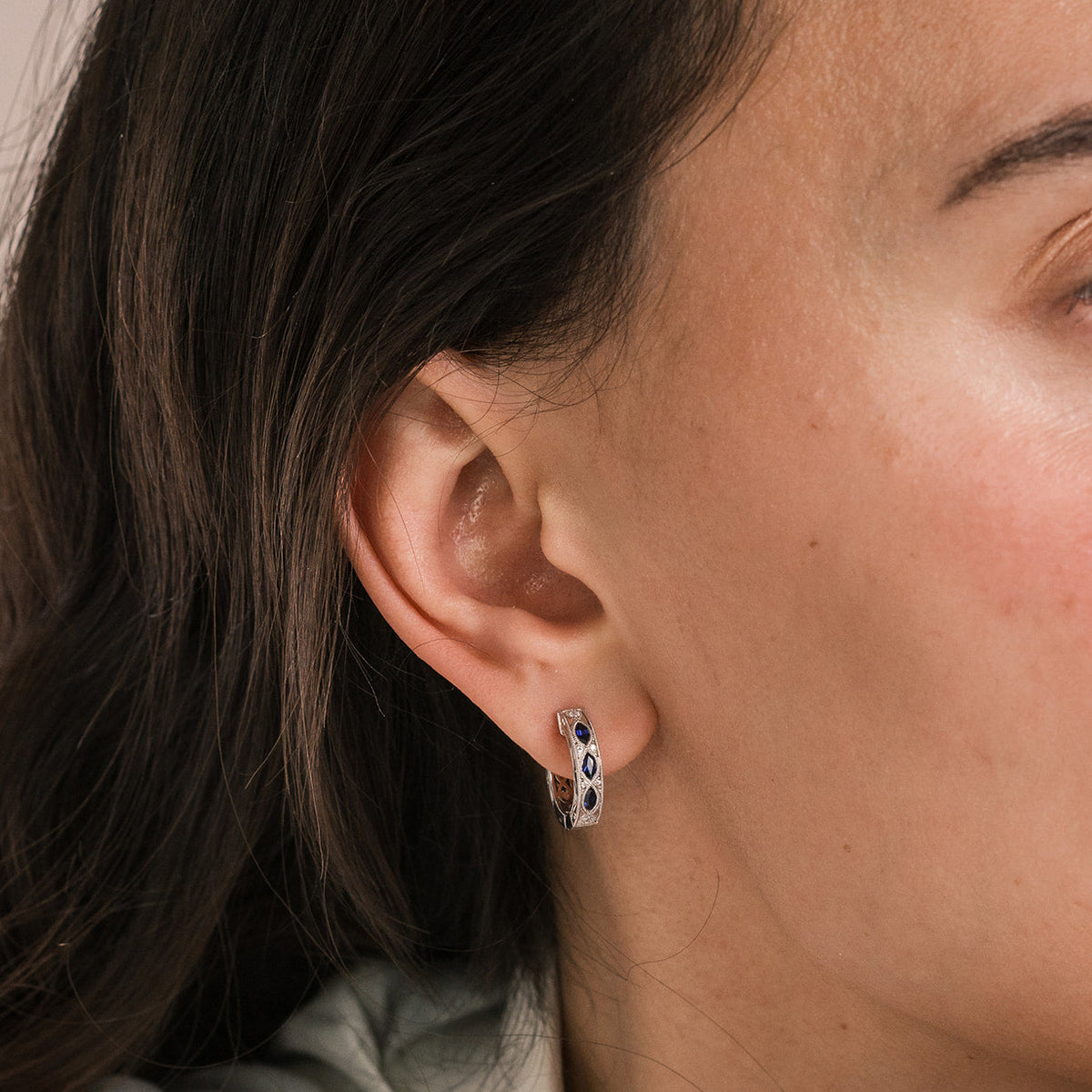 Engraved Blue Sapphire Floral Diamond Hoop Earrings