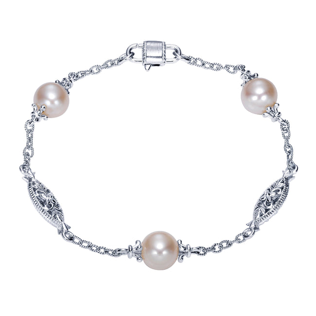Sterling Silver Filigree and Pearl Station Bracelet
