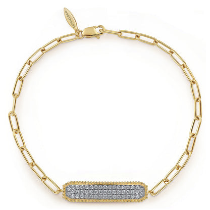 14K Yellow Gold Diamond Pavé Wide Bar Hollow Chain Bracelet