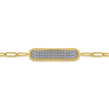 14K Yellow Gold Diamond Pavé Wide Bar Hollow Chain Bracelet