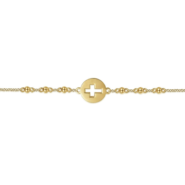 14K Yellow Gold Chain Bracelet with Cutout Cross Disc