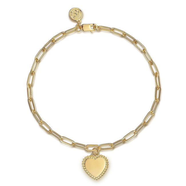 14K Yellow Plain Gold Paperclip Chain Bracelet with Personalized Bujukan Framed Heart Charm