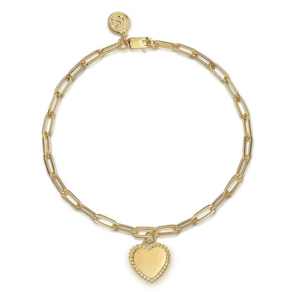 14K Yellow Plain Gold Paperclip Chain Bracelet with Personalized Bujukan Framed Heart Charm
