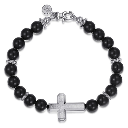 Sterling Silver and 8mm Onyx Beaded Bracelet with Cross