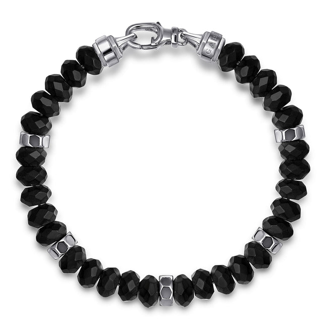 925 Sterling Silver 8mm Matte Faceted Flat Round Onyx Beaded Bracelet