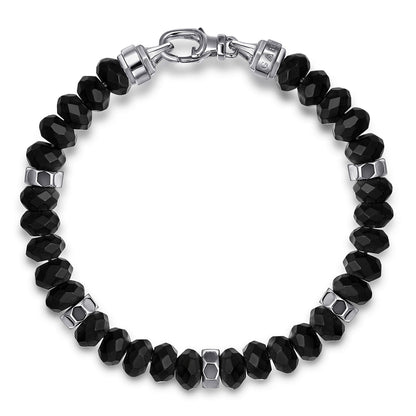 925 Sterling Silver 8mm Matte Faceted Flat Round Onyx Beaded Bracelet