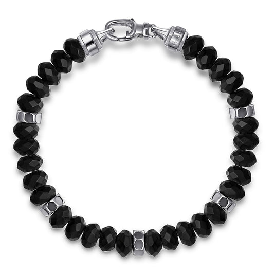 925 Sterling Silver 8mm Matte Faceted Flat Round Onyx Beaded Bracelet