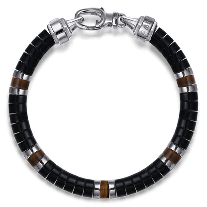 925 Sterling Silver Onyx and Tiger Eye Cylinder Beaded Bracelet