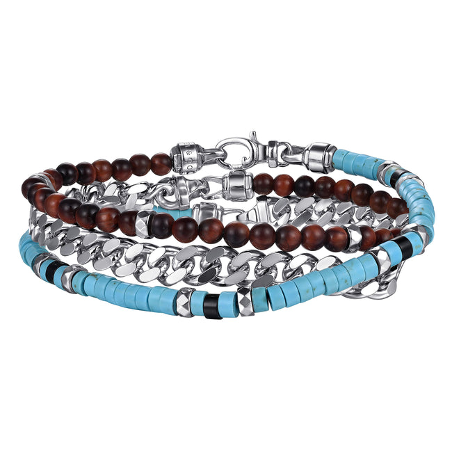 925 Sterling Silver Turquoise Cylinder Beads and Round Tiger eye and Onyx Cylinder bead with Diamond cut Link Chain Bracelet