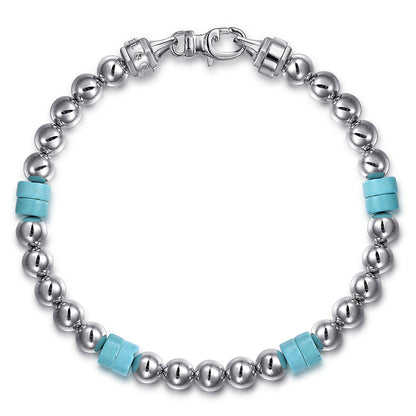 925 Sterling Silver 6mm ball and Turquoise Cylinder Beaded Bracelet