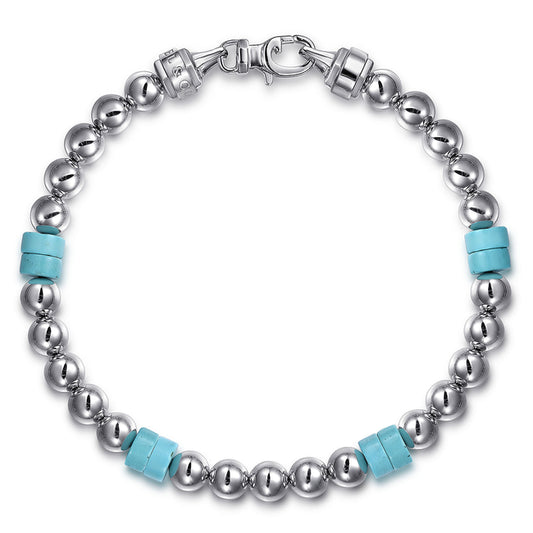 925 Sterling Silver 6mm ball and Turquoise Cylinder Beaded Bracelet