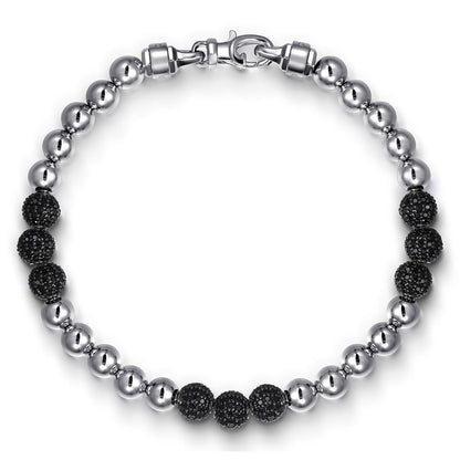 925 Sterling Silver Black Spinel and 6mm Silver Beaded Mens Bracelet